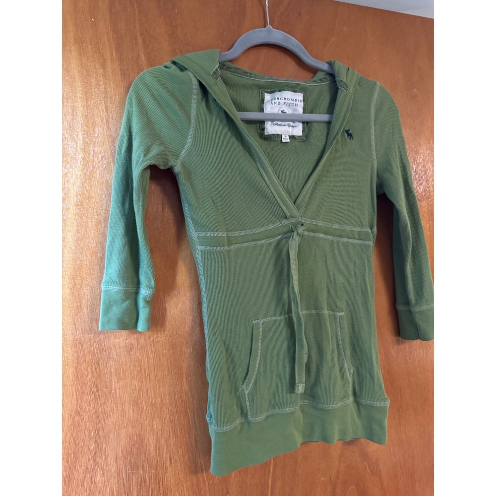 Abercrombie & Fitch Green Ribbed V-Neck Hoodie 3/4 Sleeve Y2K Vintage Medium - Picture 3 of 7